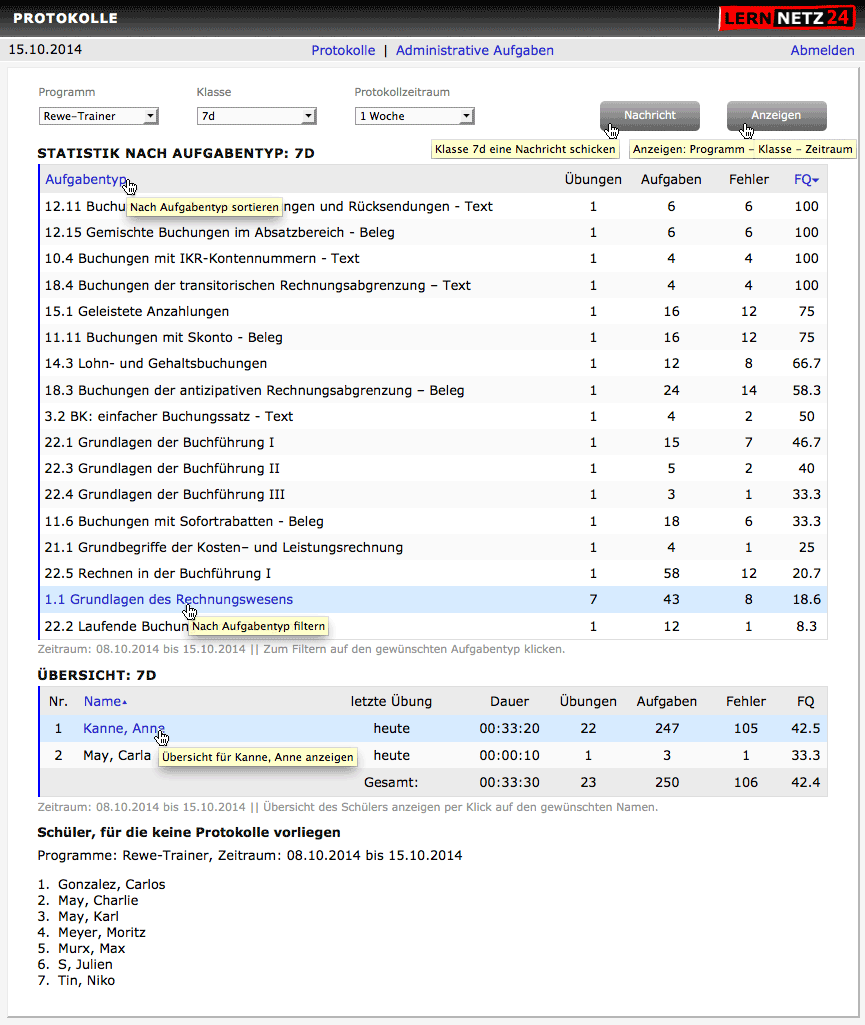 Statistik nach Aufgabentypen und Übersicht der Klasse