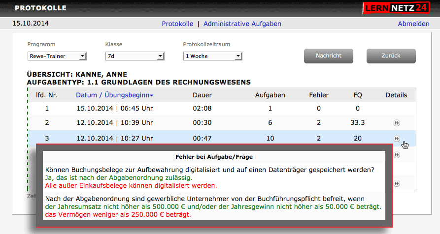 Schüler: Detailprotokoll zu den Fehlern