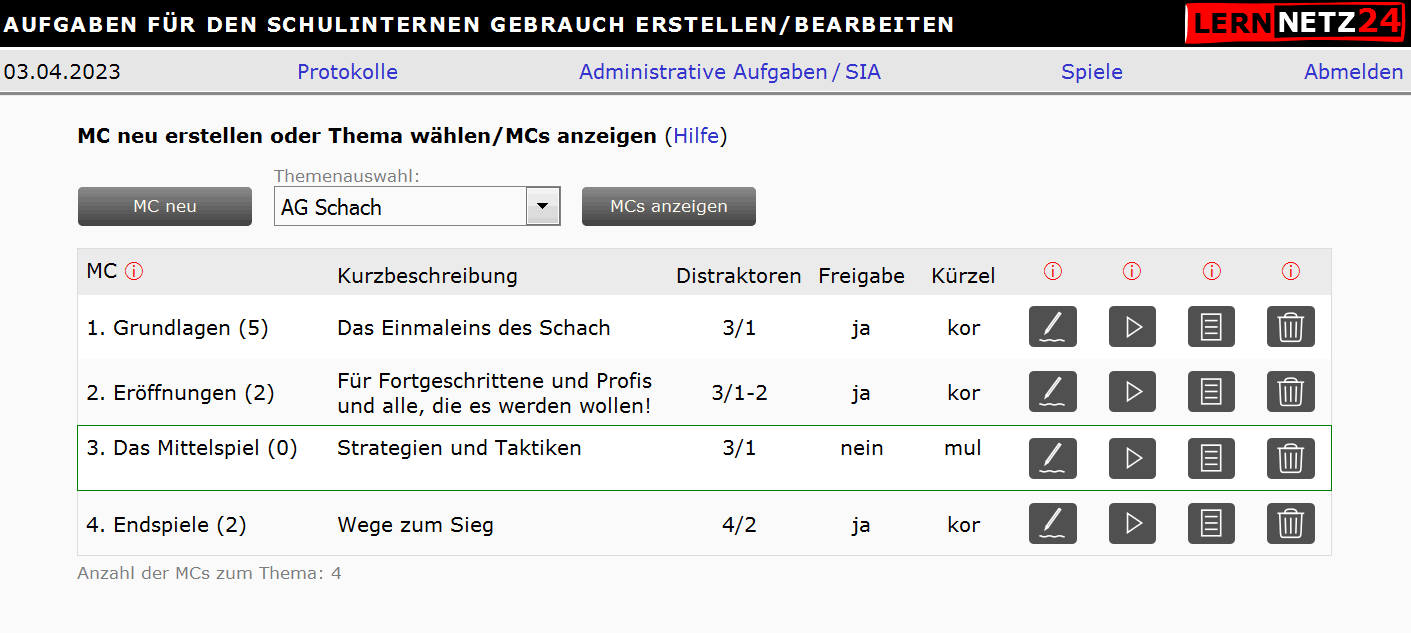 Übersicht vorhandener Aufgaben zu einem Thema