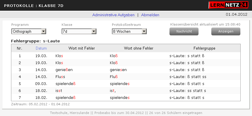 Gegenüberstellung falscher und richtiger Schreibung zu einer Fehlergruppe der gewählten Klasse