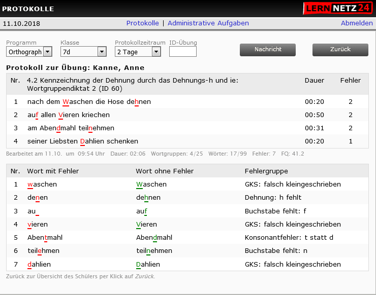 Protokollübersicht: Schüler: Wortprotokolle zum gewählten Diktat